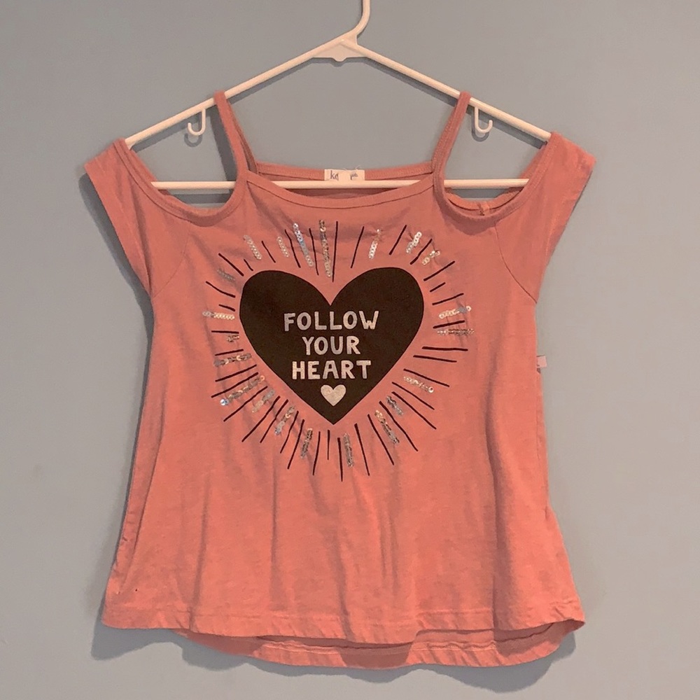 Pink off the shoulder “Follow Your Heart” top *size 10